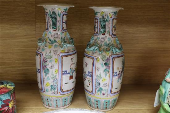 A Chinese crackle glaze bowl and jar, a pair of famille rose vases and two stone china plates